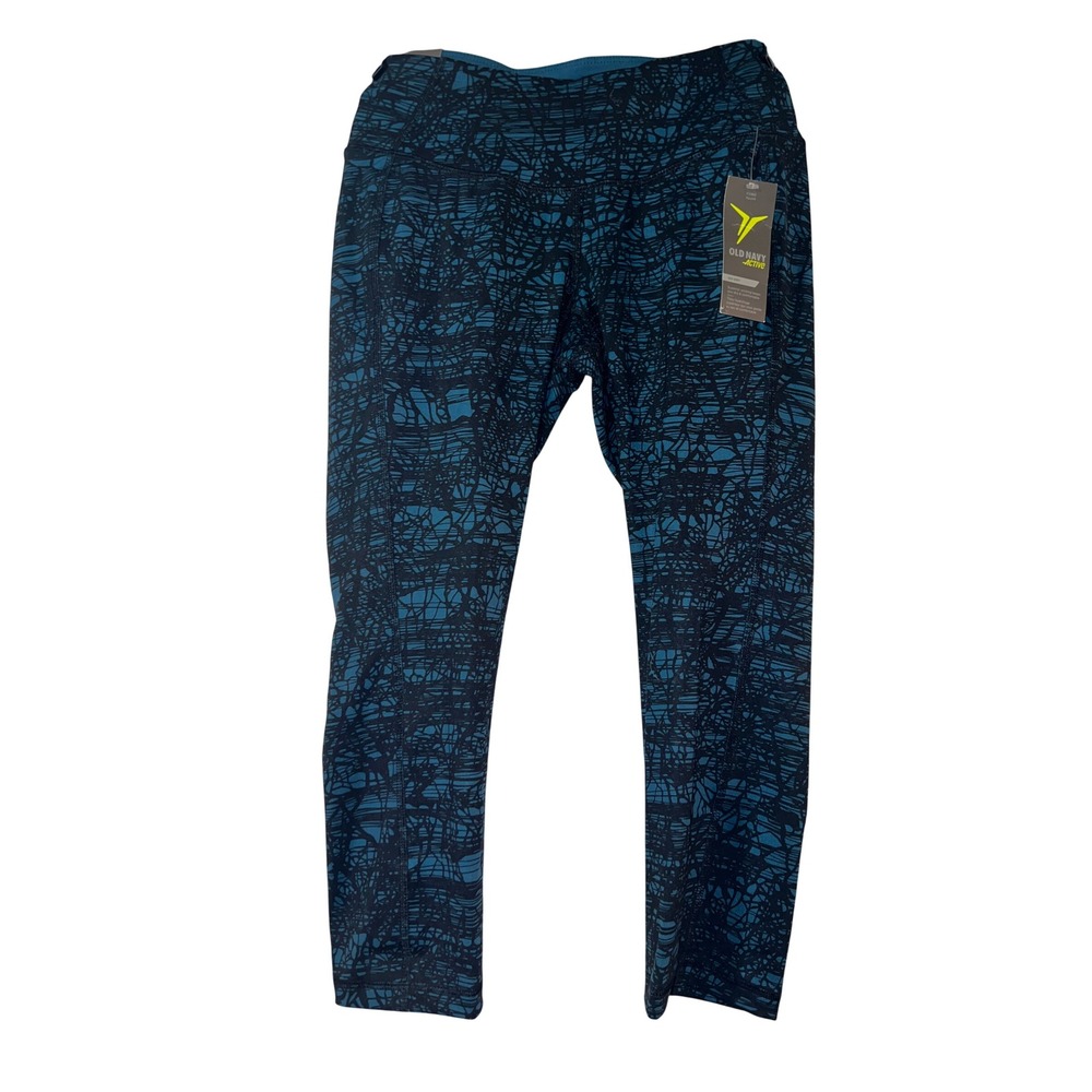 Old Navy Active Womens Blue Black Abstract Print Go-Dry Mid-Rise Crop Leggings M